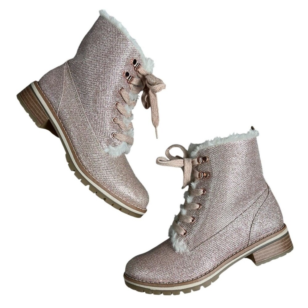 Eva & Zoe Girls Sparkle Lug Sole Fur Trim Combat Boots Youth Size 3 Rose Gold